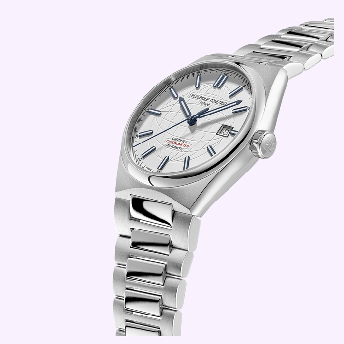 Frederique Constant FC-303S3NH26B silver dial watch with globe motif decoration and integrated stainless steel bracelet