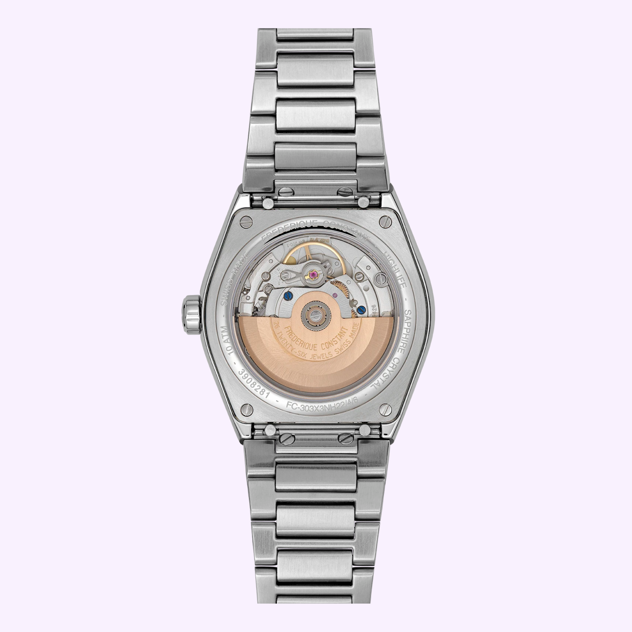 The Frederique Constant Highlife Automatic COSC FC-303S3NH26B watch features a stainless steel bracelet, see-through case back, and visible automatic movement, displaying its intricate mechanical design on a light background.