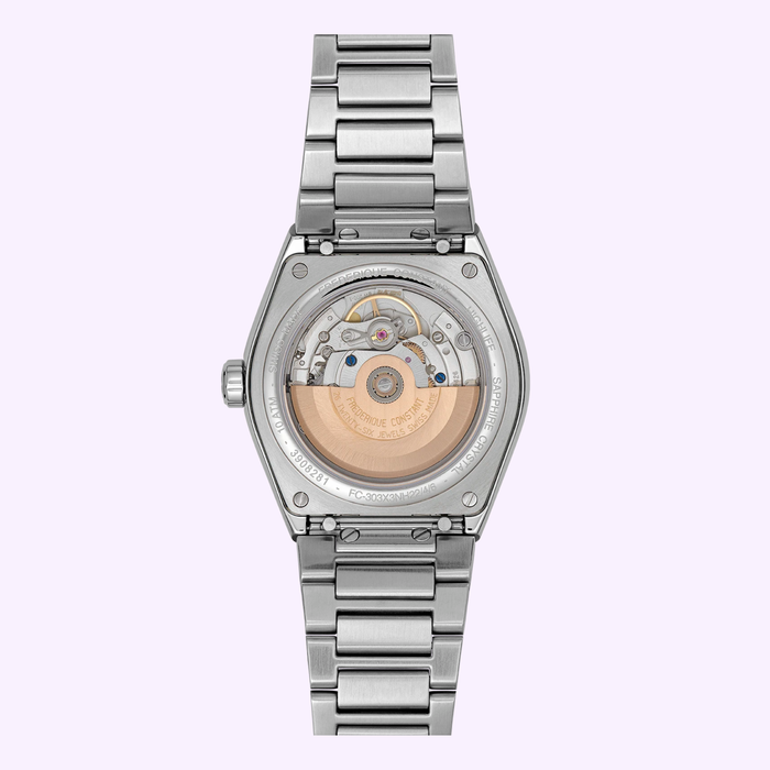 Frederique Constant FC-303S3NH26B Highlife Automatic COSC watch styled on wrist showing integrated bracelet and silver dial