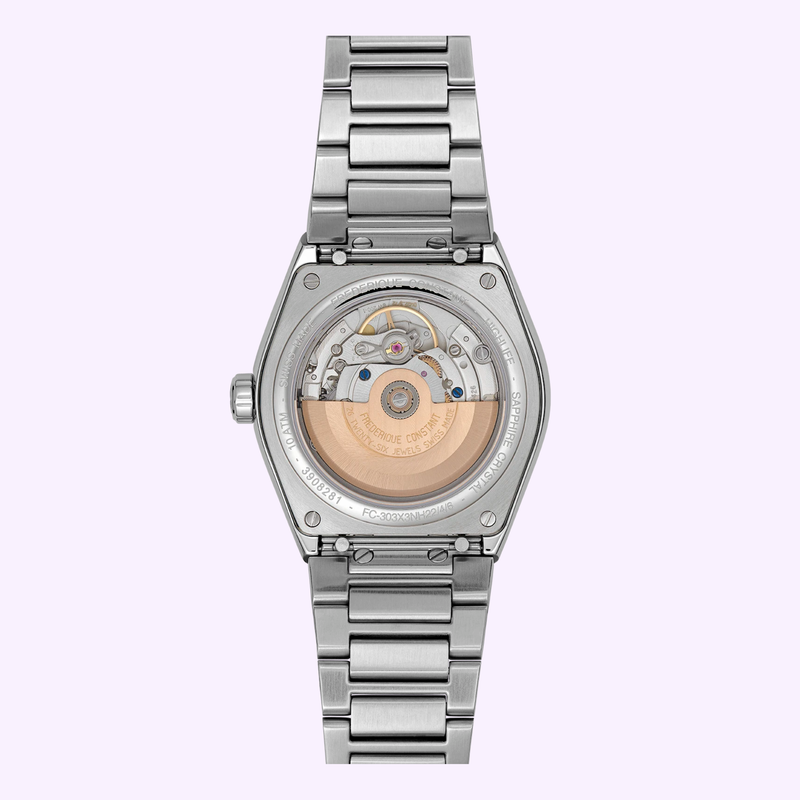 Frederique Constant Highlife COSC exhibition case back showing the automatic movement