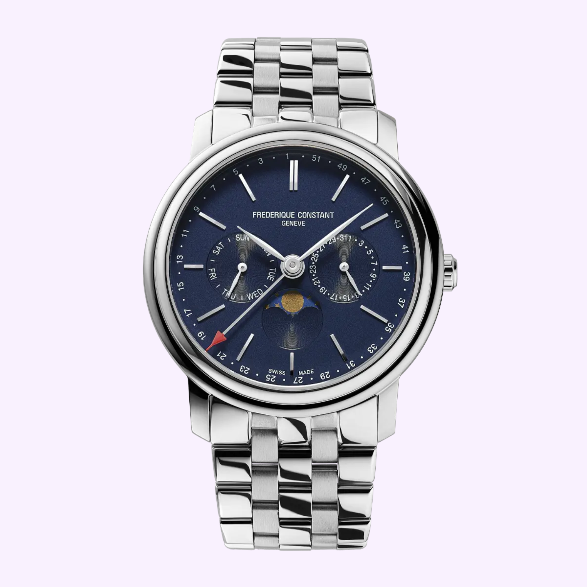 Frederique Constant Index Business Timer FC-270N4P6B, blue multifunction dial with moonphase, stainless steel bracelet