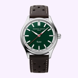 The Frederique Constant Vintage Rally Healey Automatic FC-301HGRS5B26 men's watch features a racing green dial with silver markers, red second hand, and brown perforated leather strap, displaying "FREDERIQUE CONSTANT GENEVE" and "Healey" on the face.