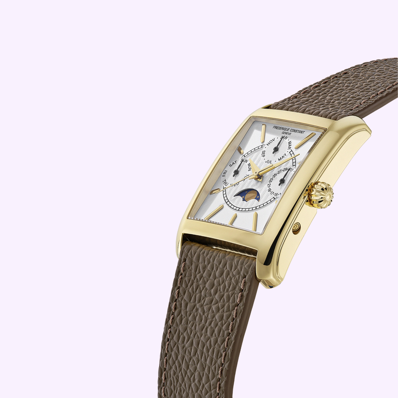 Frederique Constant FC-265S4C5 Carrée Moonphase watch lifestyle shot showing gold case, white dial, gold hour markers, and brown textured leather strap