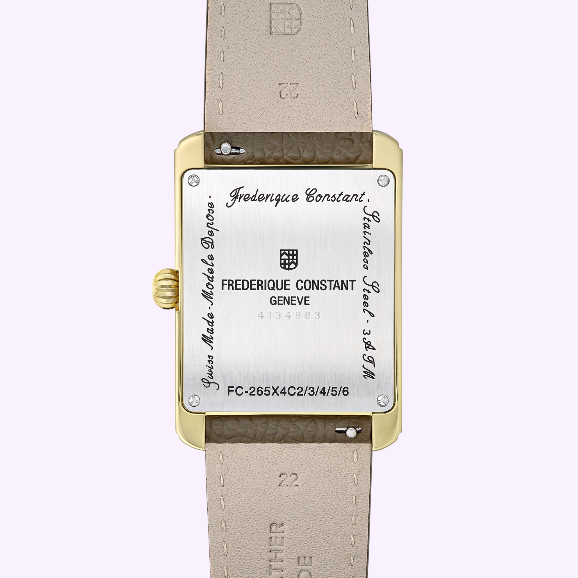 The back of the Frederique Constant Watches Carree Calendar Moonphase FC-265S4C5 features a metal case engraved with brand details, model number, and 