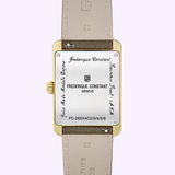 The back of the Frederique Constant Watches Carree Calendar Moonphase FC-265S4C5 features a metal case engraved with brand details, model number, and "Swiss Made - Modele Depose," paired with a beige leather strap.