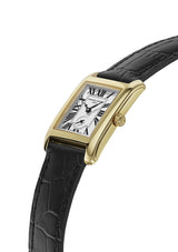 A Frederique Constant Carrée Small Seconds FC-235S2C5 rectangular gold wristwatch from the Ladies Classic collection, featuring a white dial with black Roman numerals, a Carrée Small Seconds subdial, and a black leather strap, is displayed at an angle on a white background.