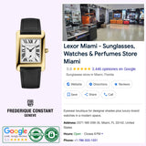 A Frederique Constant Carrée Small Seconds FC-235S2C5 ladies watch, featuring a gold rectangular case and black leather strap, is displayed beside a Google listing for Lexor Miami sunglasses and perfume store that shows store details, ratings, and contact information. This elegant timepiece exemplifies the timeless design of Frederique Constant watches.