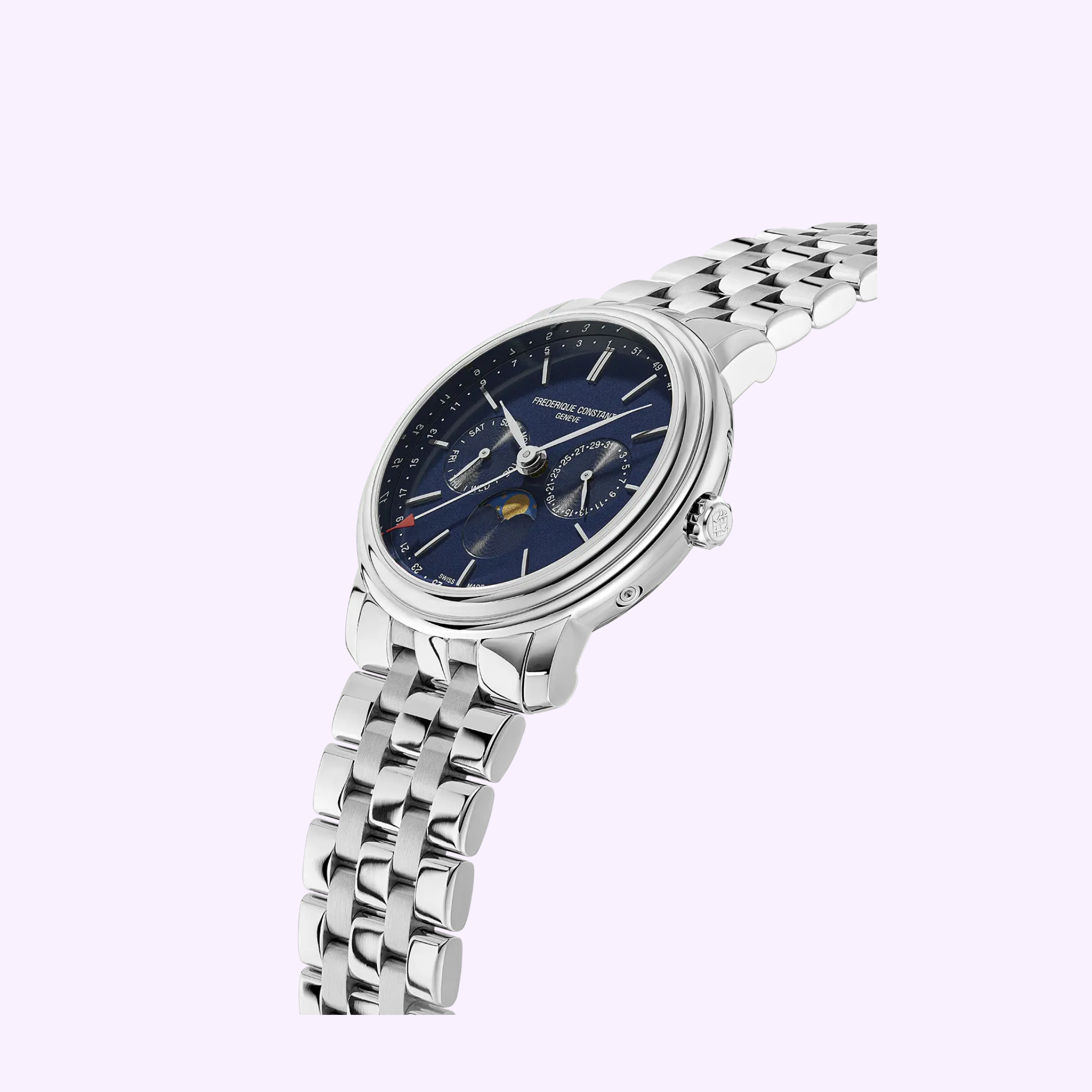 The Frederique Constant Index Business Timer FC-270N4P6B is a silver wristwatch with a metallic link band and deep blue multi-dial face, including a moon phase, shown at an angle on a light lavender background.