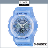 Showcasing the G-Shock BA-130CV-2A Baby-G Analog Digital Blue Resin Strap Women’s Watch by G-Shock Watches, this stylish piece features a translucent blue design with silver details and is highlighted against a LEXOR MIAMI background.