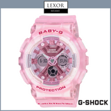 The G-Shock BA-130CV-4A Baby-G Analog Digital Pink Resin Strap Women Watch by G-Shock Watches, featuring “Protection” and “Catch the Vibe,” is set against a Lexor Miami background with a G-Shock logo in the corner—ideal for women's watch enthusiasts.