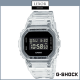 A G-Shock DW-5600SKE-7 Standard Digital watch by G-Shock Watches, featuring a clear resin strap and black display, is shown at 10:58:59 on a white background with Lexor Miami and G-SHOCK logos. Ideal for unisex style enthusiasts.