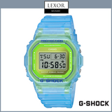 The G-Shock DW5600LS-2 Vibrant Skeleton Blue Resin Strap unisex watch by G-Shock Watches features a green face, black digital display reading 10:58:59, and displays Lexor Miami and G-SHOCK logos above and below the screen.