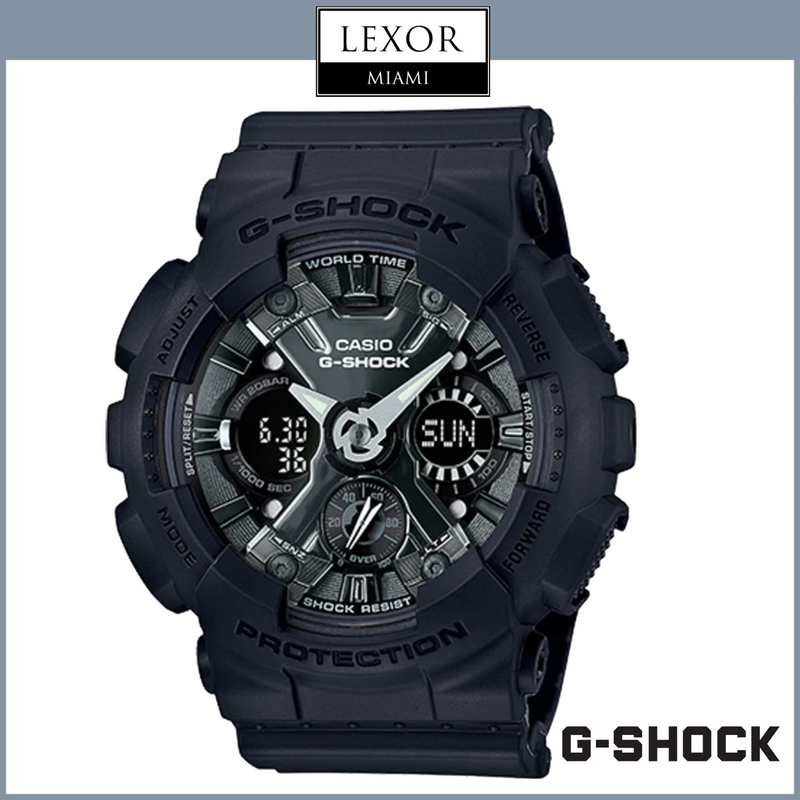 Relógios masculinos G-Shock GMA-S120MF-1A com mostrador metálico e pulseira de resina preta
