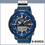 A G-Shock Watches PRTB70-2 Pro Trek Quad Sensor men’s watch with a blue resin strap, analog-digital display, compass markings, and labeled buttons. The Lexor Miami logo is at the top; G-Shock logo at bottom right.