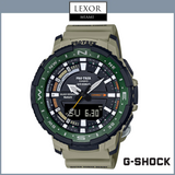 The G-Shock PRTB70-5 Pro Trek men’s watch by G-Shock Watches features a tan resin strap, green and black bezel, digital and analog display. Shown on a white background with LEXOR MIAMI and G-SHOCK logos—great as a fishing timer.