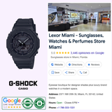 The G-Shock Watches GA2100-1A1 from the 2100 Series (UPC: 889232241630) is showcased on the left in bold black, while on the right, Lexor Miami’s modern store displays an array of watches and sunglasses. The bottom section features essential Lexor Miami store details—including address, hours, phone number, ratings, and review badges—all emphasizing the dependable shock resistance you expect from this iconic timepiece.