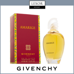 A Givenchy Amarige 3.3 EDT Sp Women perfume by Givenchy Perfumes features a white sculpted cap and stands next to its red and yellow box, with the Lexor Miami logo above and the Givenchy logo below, showcasing this women's fragrance.