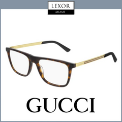 A pair of Gucci Optical GG0691O 002 54 acetate eyeglasses is displayed with tortoiseshell frames and gold arms, featuring the Lexor Miami logo at the top and the Gucci logo at the bottom against a light background.