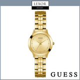 The Guess U0989L2 Chelsea Gold Stainless Steel Strap Women's Watch by Guess Watches is shown on a white background with Lexor Miami and GUESS logos, highlighting its elegant round dial and metal link band.