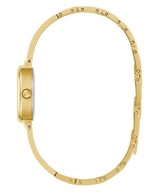 Side view of the Guess Watches GW0924L2, a petite gold-tone watch with a round case and thin linked bracelet, highlighting its profile and clasp details against a white background. Brand: Guess Watches. UPC: 091661581229.