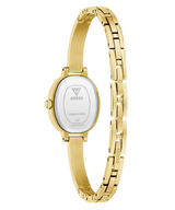 The Guess Watches GW0924L2 (UPC: 091661581229) is a petite gold-tone women's watch with a stainless steel back, oval case, slim linked bracelet, and engraved “Guess” branding on the bracelet and case.