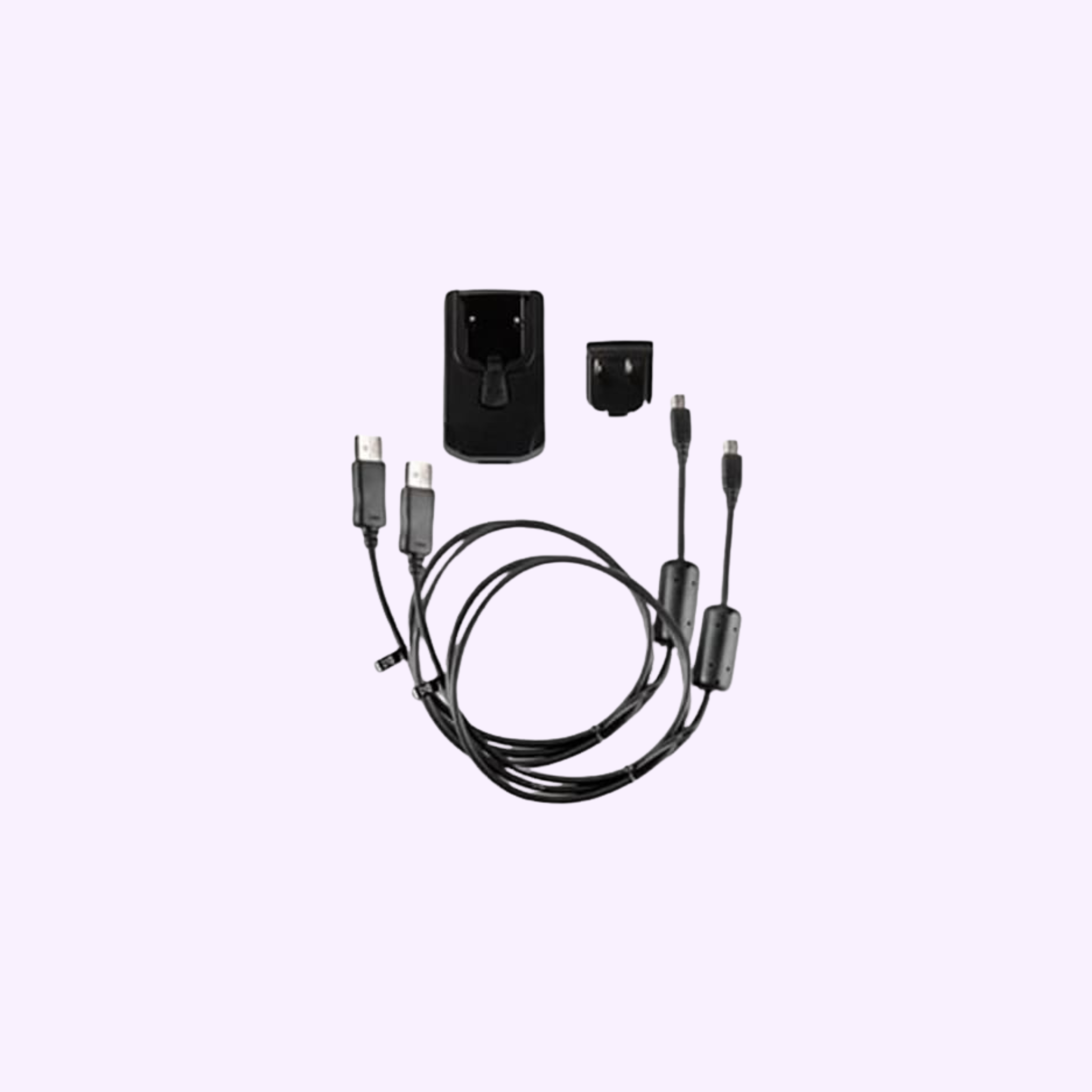 The Garmin Watches AC Adapter Cable Kit 010-11478-02, by Garmin Watches, includes a wall charger, detachable plug, and two USB cables, shown in black on a light lavender background.