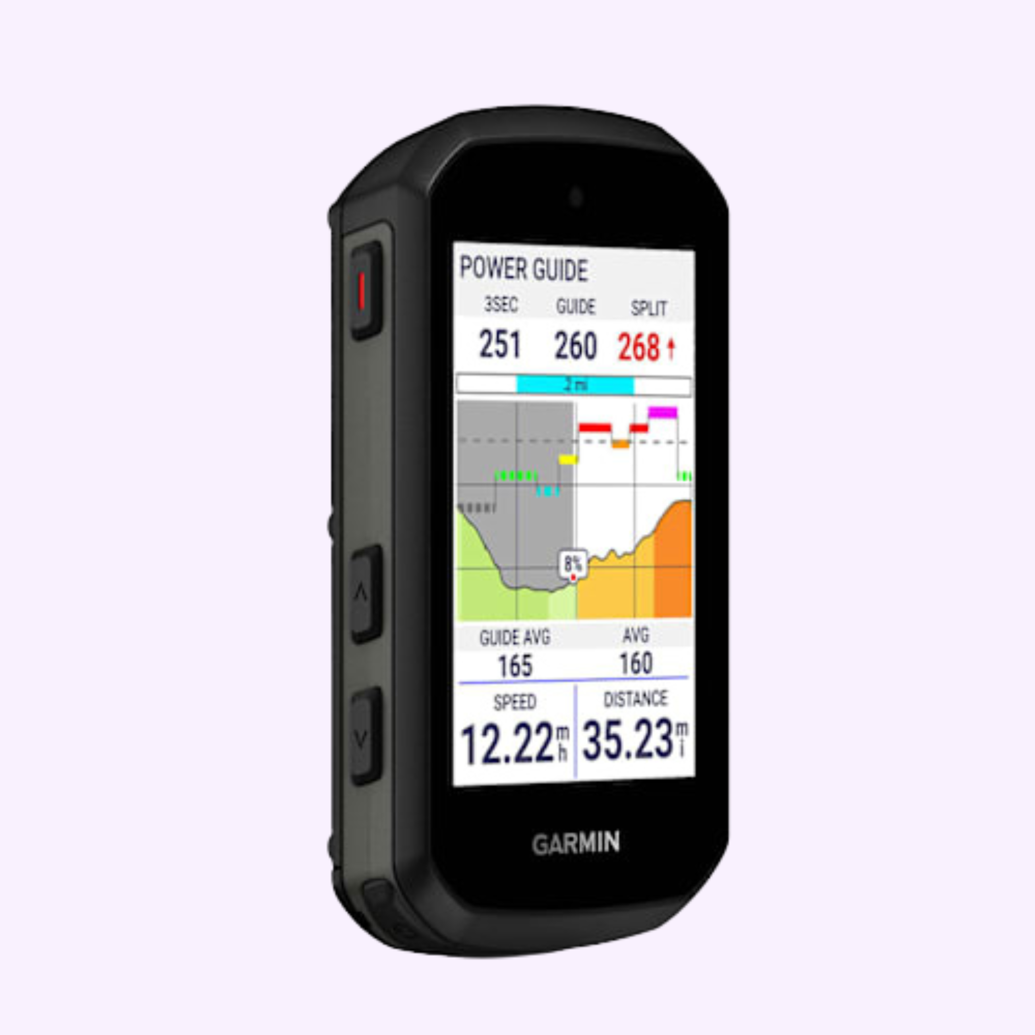 The Garmin Watches Edge® 550 010-03022-00 GPS cycling computer in black shows power guide, speed, and distance on a color screen. This compact device has side buttons and a top power button for easy control.