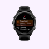 The Garmin Watches Forerunner® 570 - 42mm (010-02970-00) in black displays a threshold run—8:00 min/mi for 44 min—on its AMOLED screen, with daily suggestions and training workout options from Garmin Watches.