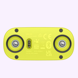 Close-up of the yellow Garmin Watches HRM 600 010-13383-01, showing two circular metal contacts, five gold pins, and CE, Bluetooth, NOM, UKCA, and FCC certification marks—compatible with Garmin Watches.