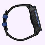 Side view of the Garmin Watches Instinct® 3 – 50 mm AMOLED (010-03020-03), a black smartwatch with blue accents and clasp, featuring a rugged silicone band, shown against a light background from the latest Garmin Watches collection.