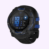 The Garmin Watches Instinct® 3 – 50 mm AMOLED 010-03020-03 features a black and blue design with a circular digital display showing time, date, weather, steps, heart rate, battery level, and fitness stats.