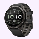 A black Garmin Watches fēnix® 9 Pro – 43mm (010-04335-15) GPS smartwatch by Garmin Watches displays fitness stats and the time 10:10. The round AMOLED screen shows steps, heart rate, battery level, and a date of Saturday, 01. Featuring a rugged design and black strap, this smartwatch is built for durability.