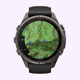 A Garmin Watches fēnix® 9 Pro – 43mm (010-04335-15) GPS smartwatch by Garmin Watches displays a topographic map with contour lines, elevation markers, two hiker icons, and three triangular warning symbols on its crisp AMOLED display. The watch features a black strap and a durable metal casing.