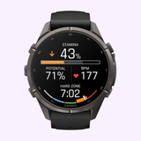The Garmin Watches fēnix® 9 Pro – 43mm (model 010-04335-15) displays stamina at 43%, potential at 71%, a heart rate of 177 BPM, and features a colored hard zone gauge against a white background—all on its vibrant AMOLED screen.