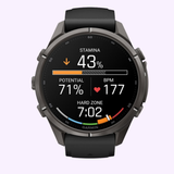A Garmin Watches fēnix® 9 Pro – 43mm (model 010-04335-15) GPS smartwatch by Garmin Watches features a sleek black round face and a vibrant AMOLED display, showing stamina at 43%, potential at 71%, heart rate at 177 BPM, and a hard zone timer at 7:02 with colorful progress bars.