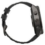 Side view of a black Garmin Watches fēnix® 9 Pro – 51 mm 010-04337-15 smartwatch with a silicone band and three side buttons.