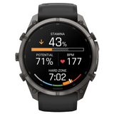 Garmin Watches fēnix® 9 Pro – 51 mm 010-04337-15 digital sports watch with a black silicone band and a display showing fitness metrics including 43% stamina, 71% potential, a heart rate of 177 BPM, and a 7:02 duration in the hard zone.