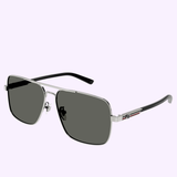 Gucci GG1289S-001 62 Sunglass MAN METAL: Luxury Gucci sunglasses with aviator-style black lenses and silver metal men's frames, displayed on white. The GUCCI logo appears below, with the Lexor Miami logo at the top. Brand: Gucci Sunglasses.