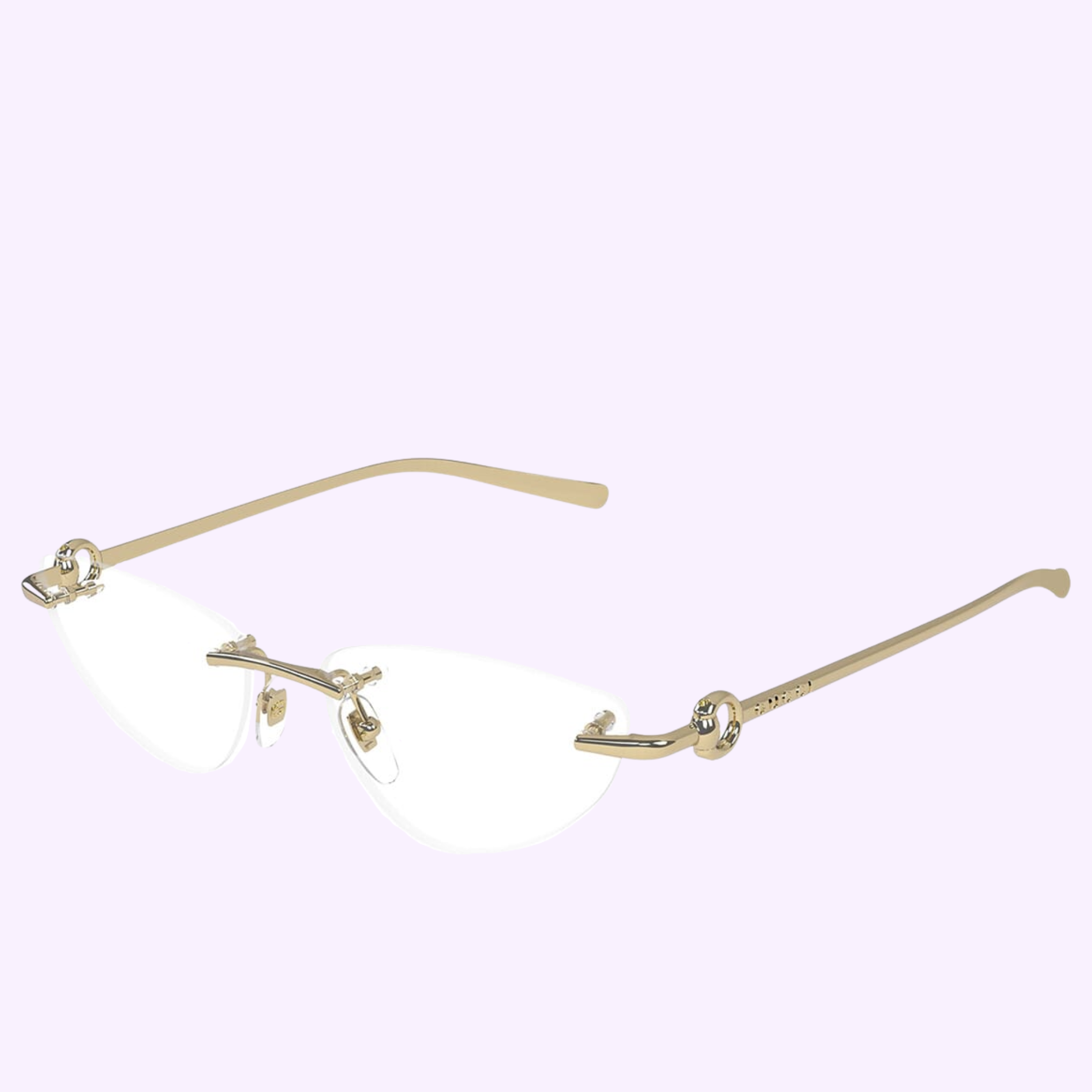 Gucci Optical Frames GG1702O-002 54 by Gucci Sunglasses feature rimless design, thin gold metal arms, and nose pads—ideal for contemporary style and luxury flair. Shown on a light purple background.