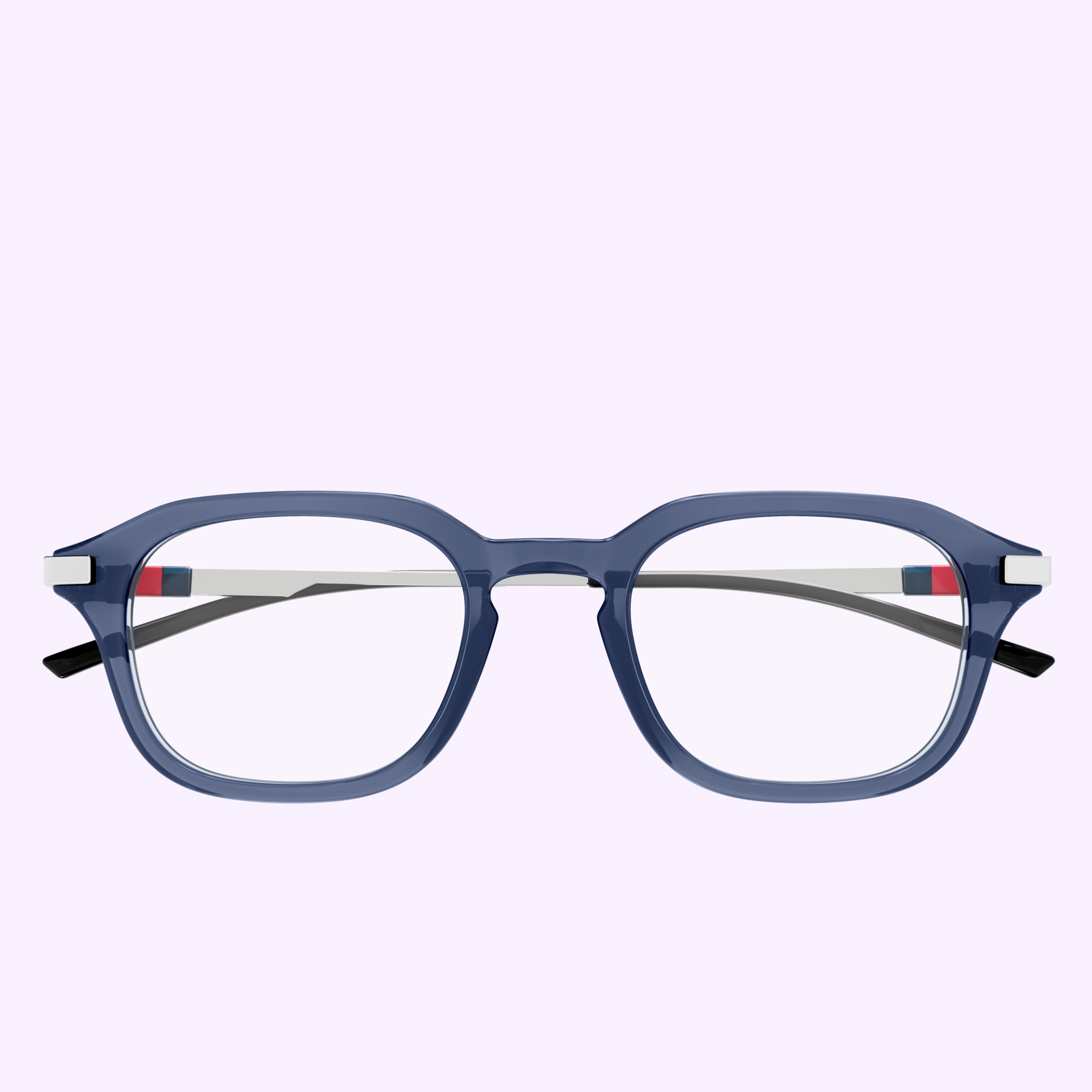 Gucci Optical Frames GG1891O-004 49 by Gucci Sunglasses feature blue rectangular frames, clear lenses, thin metal arms, and subtle red and white accents near the hinges, shown against a light lavender background for a luxe fashion statement.