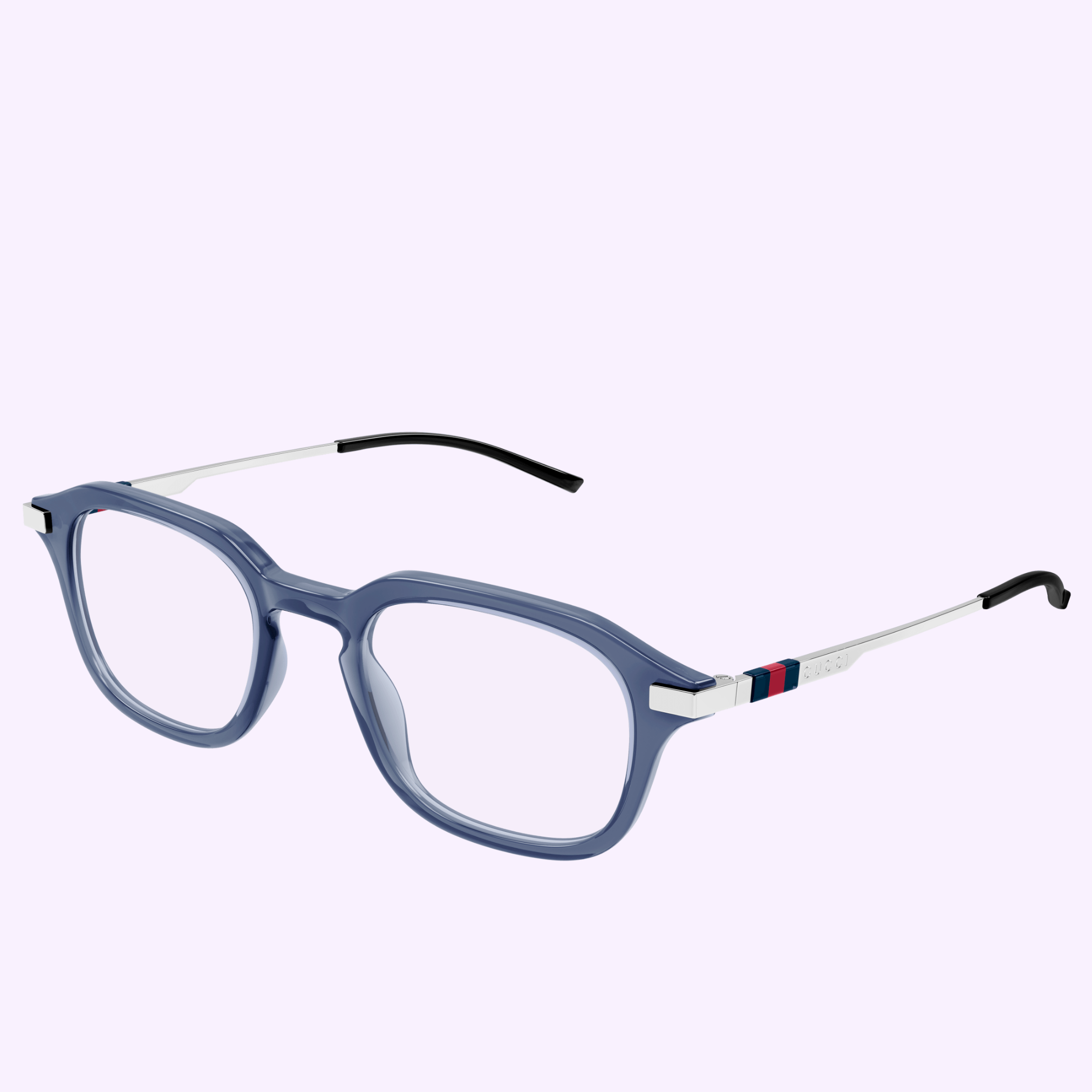 Gucci Optical Frames GG1891O-004 49 by Gucci Sunglasses feature a blue square design, clear lenses, white metal arms with black tips, and red, blue, and black stripe accents—luxury fashion on a pale lavender background.