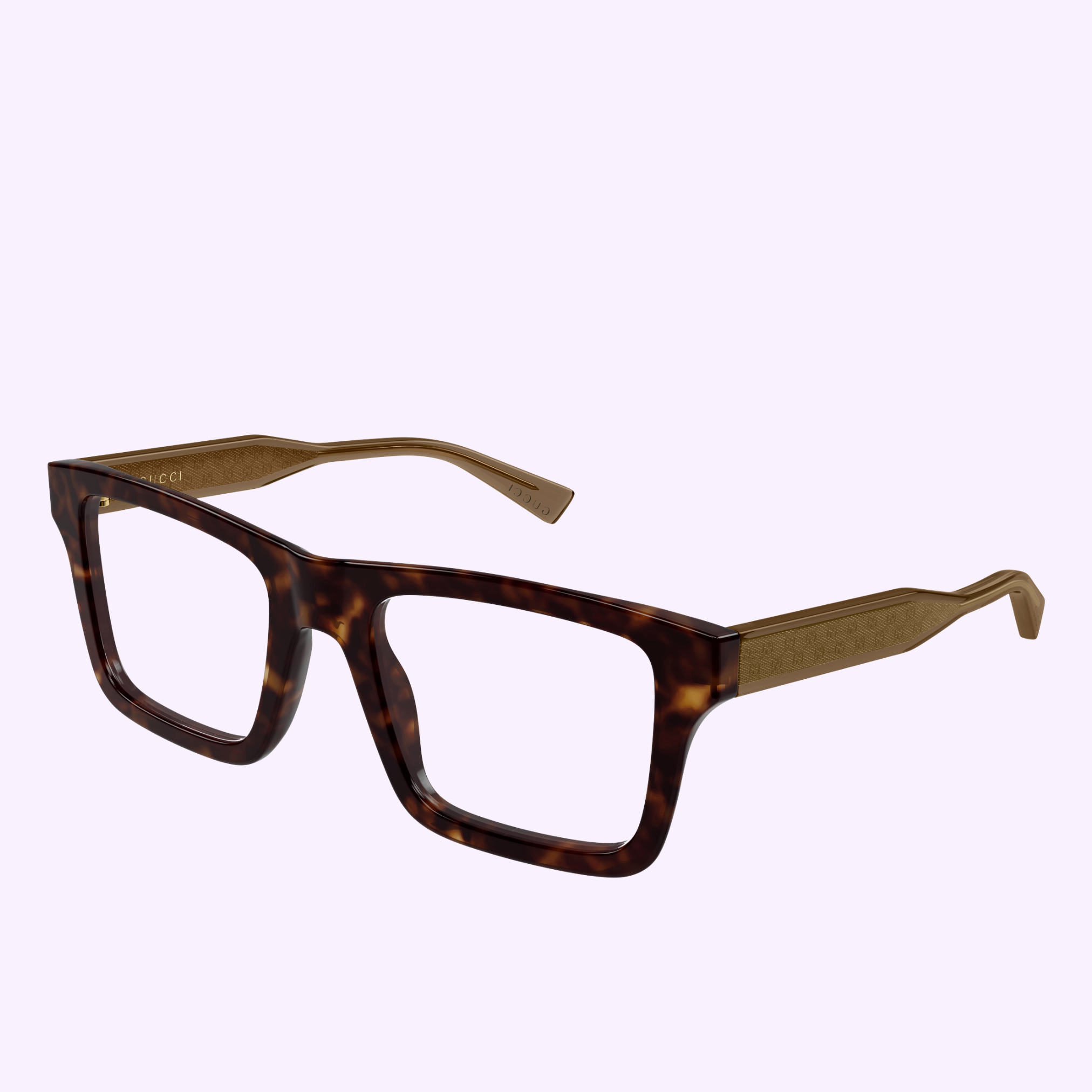 Gucci Optical Frames GG2070O-002 53 by Gucci Sunglasses feature tortoiseshell rectangular frames with gold temples, displayed on a light lavender background—a modern statement in luxury eyewear.