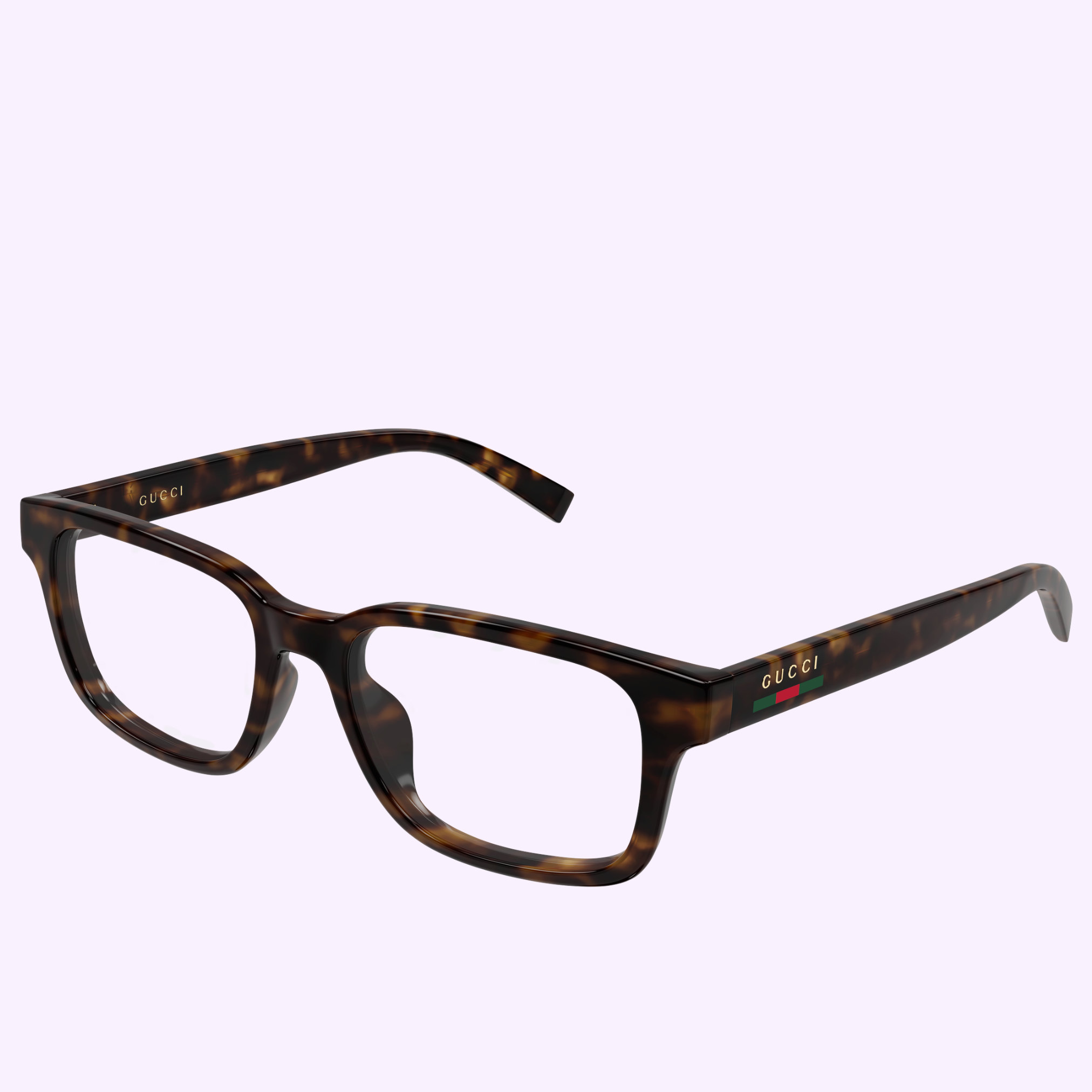 Gucci Optical Frames GG2107OL-006 57 by Gucci Sunglasses feature thick tortoiseshell rectangular frames, signature logo, and green-red stripe on the temples, showcased on a light purple background.