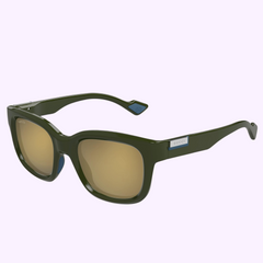 Gucci Sunglasses GG1621S-003 53 (UPC 889652474038) feature olive green thick frames and gold-tinted lenses, with the Gucci logo on the temple, showcased against a light purple background.