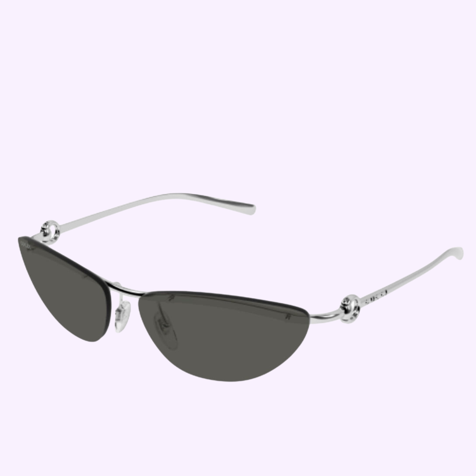 The Gucci Sunglasses GG1701S-001 61 feature sleek silver frames and dark, narrow oval lenses, shown on a light lavender background—ideal for lovers of contemporary luxury eyewear.