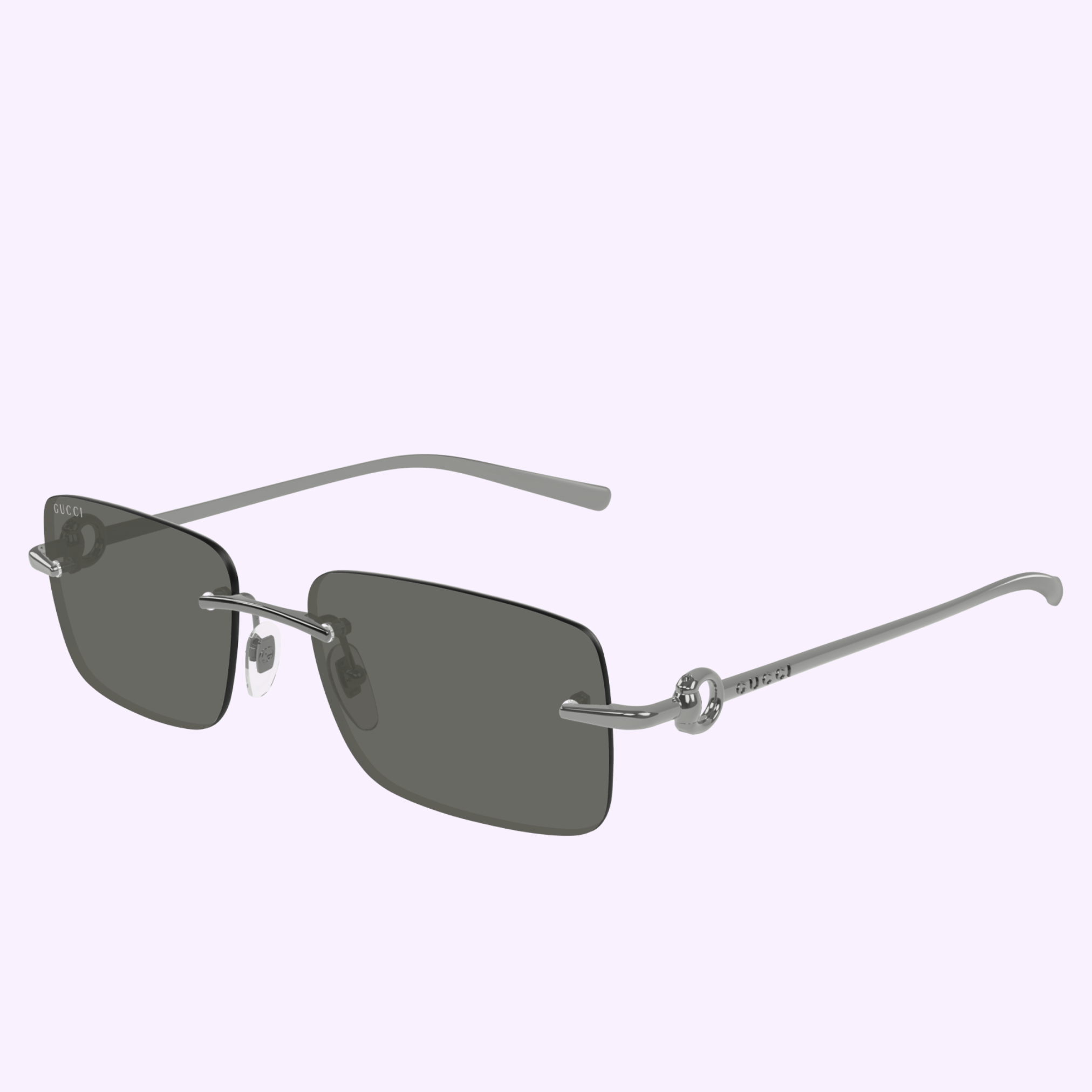 The Gucci Sunglasses GG1703S-002 55 feature a rectangular rimless design, dark tinted lenses, and thin silver metal arms with a GUCCI logo on the temple. Shown on a light purple background—a standout accessory for style lovers.