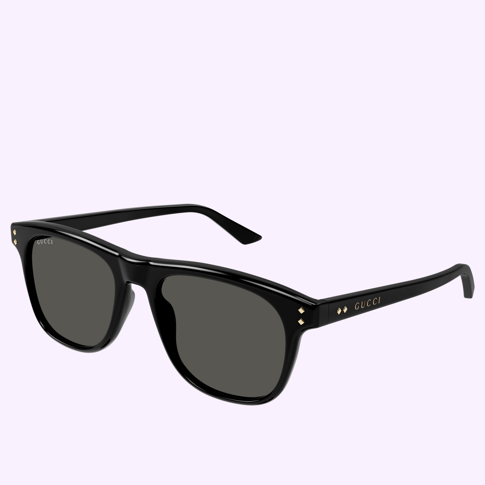 Gucci Sunglasses GG1893S-001 53, featuring dark lenses, gold accents, and Gucci logo on the temples, embody luxury fashion and are shown against a light purple background.