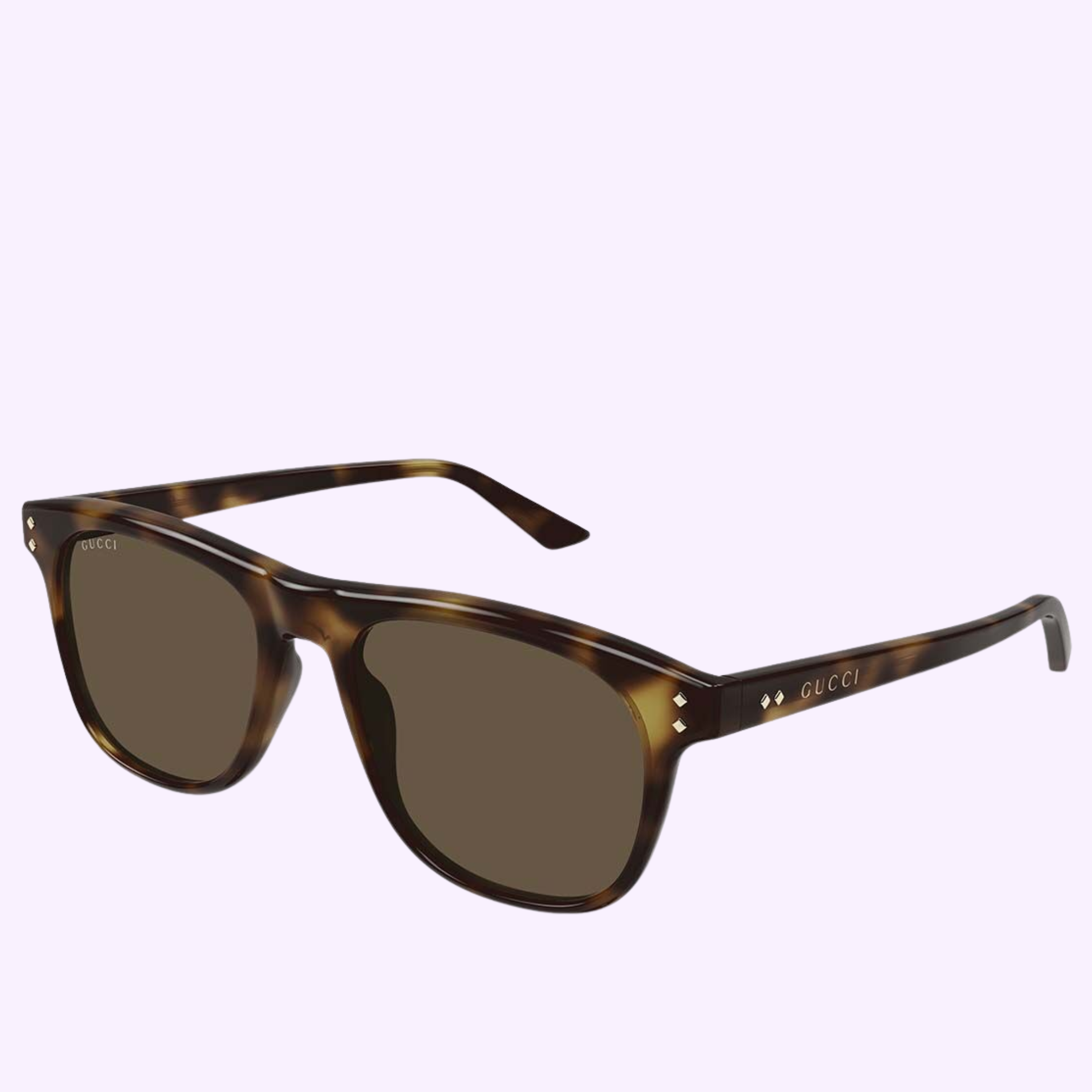Gucci Sunglasses GG1893S-002 53 feature square tortoiseshell frames, dark lenses, and gold “GUCCI” on the temple, shown against a light purple background—a standout in luxury eyewear.