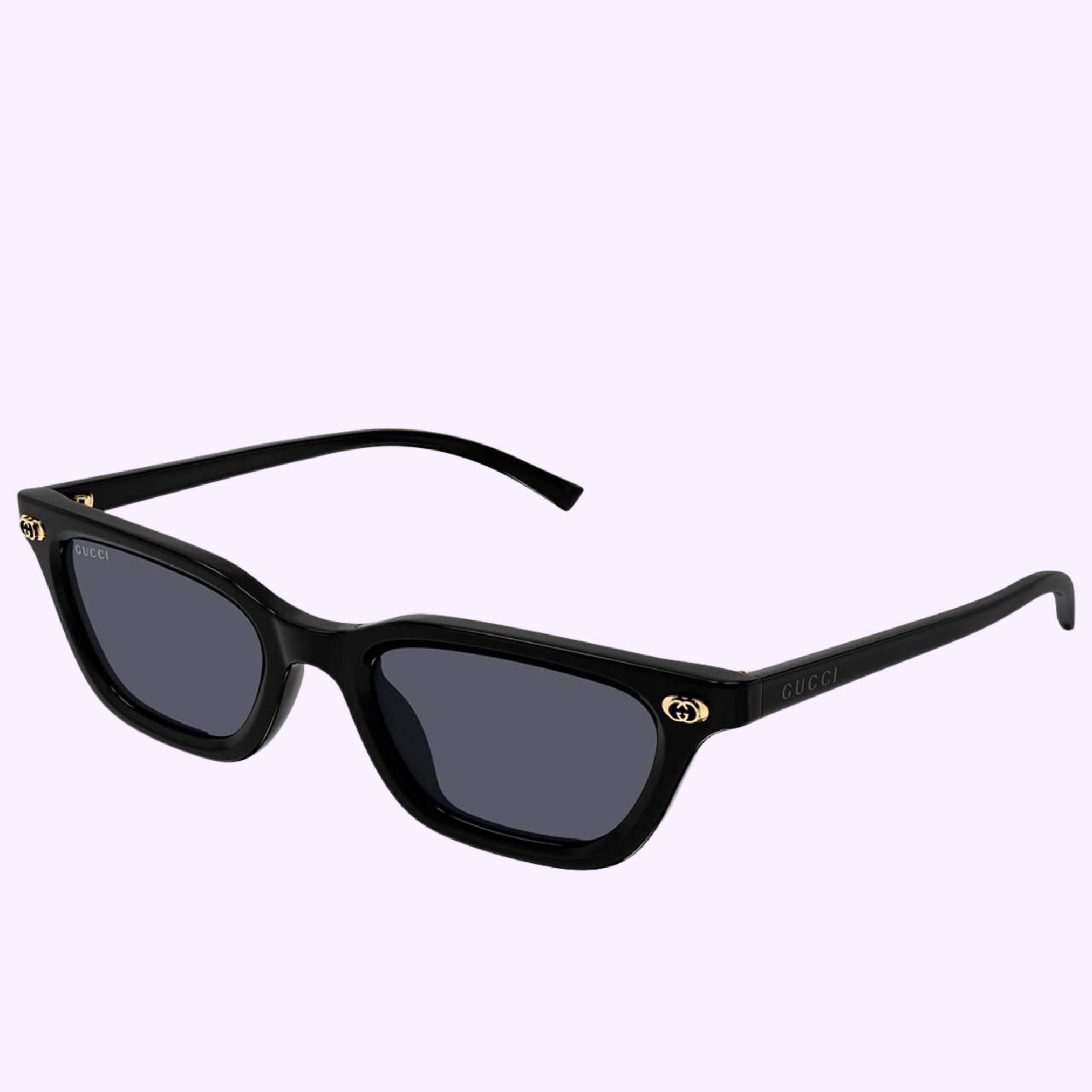 Gucci Sunglasses GG1944S-001 50 feature a black rectangular frame, dark lenses, gold hinge accents, and Gucci logos on the arms—shown against a light purple background for a bold luxury style statement.