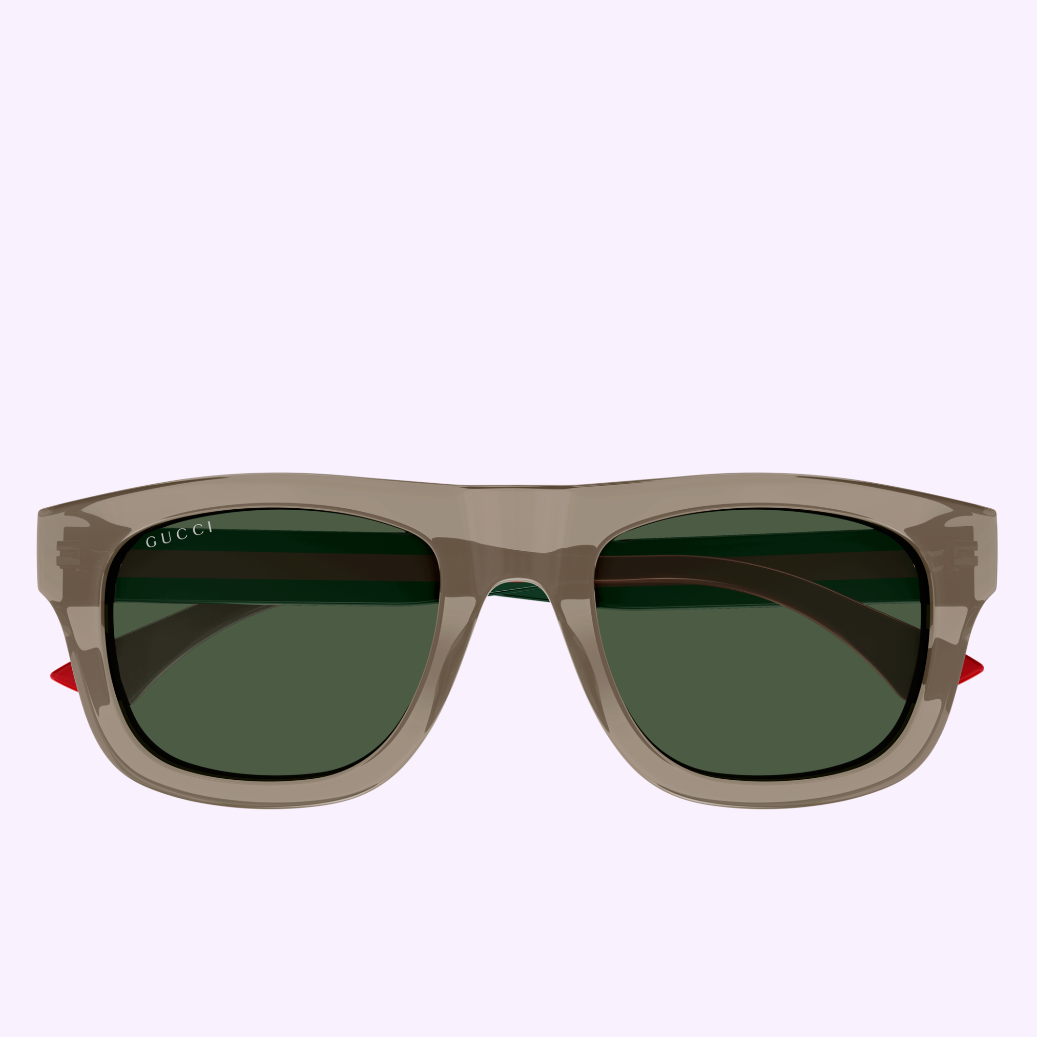 Gucci Sunglasses GG1991S-003 52 feature thick translucent brown frames and dark green lenses for a luxurious look, showcased against a light purple background.